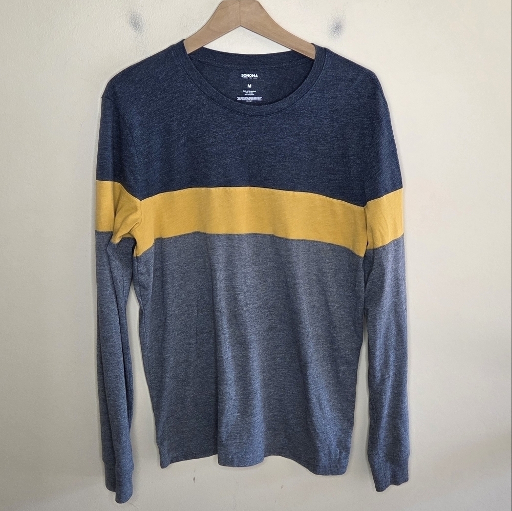 Sonoma Heathered Blue Yellow Striped Colorblock Long Sleeve Tee Size Medium